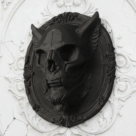 Gothic Dark Style Demon-Horned Skull Carved Oval Wall Decorative Ornament For Halloween Wall Decor-MoonChildWorld