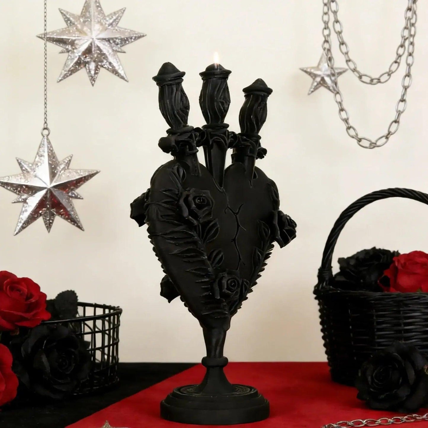 Gothic Dark Style Heart & Rose Relief Three-Head Candle Holder For Dark Style Home Decoration & Witchy Halloween Decoration-MoonChildWorld
