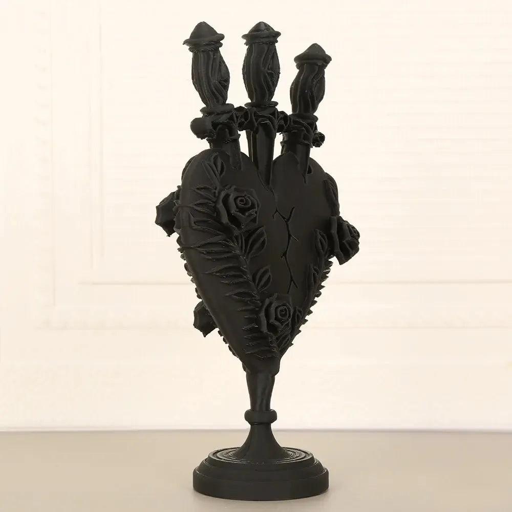 Gothic Dark Style Heart & Rose Relief Three-Head Candle Holder For Dark Style Home Decoration & Witchy Halloween Decoration-MoonChildWorld