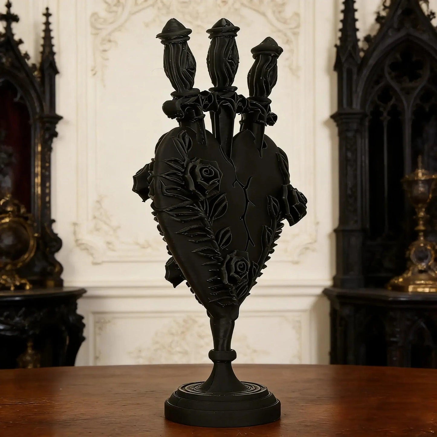 Gothic Dark Style Heart & Rose Relief Three-Head Candle Holder For Dark Style Home Decoration & Witchy Halloween Decoration-MoonChildWorld