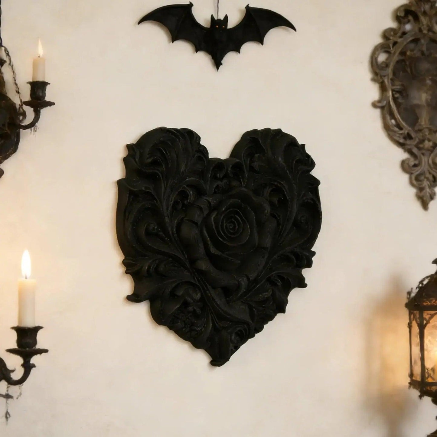 Gothic Dark Style Heart Shaped Rose Relief Wall Decoration For Dark Retro Home Wall & Witchy Halloween Decoration-MoonChildWorld