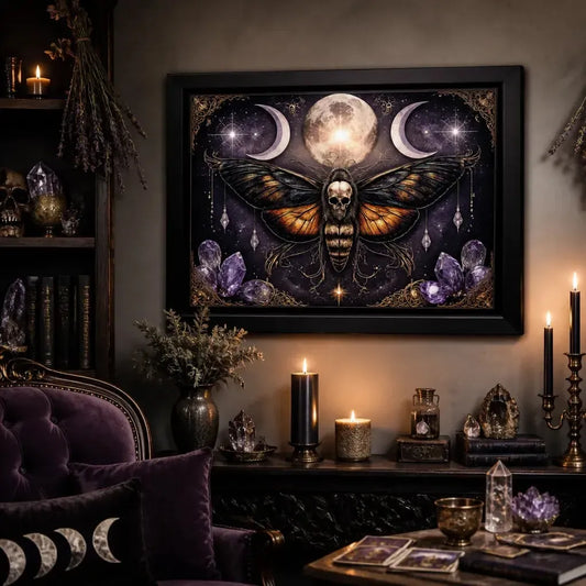 Gothic Death Moth Wall Art with Triple Moon - Black Framed Canvas Print for Witchy Halloween Decor_mockup_1.webp