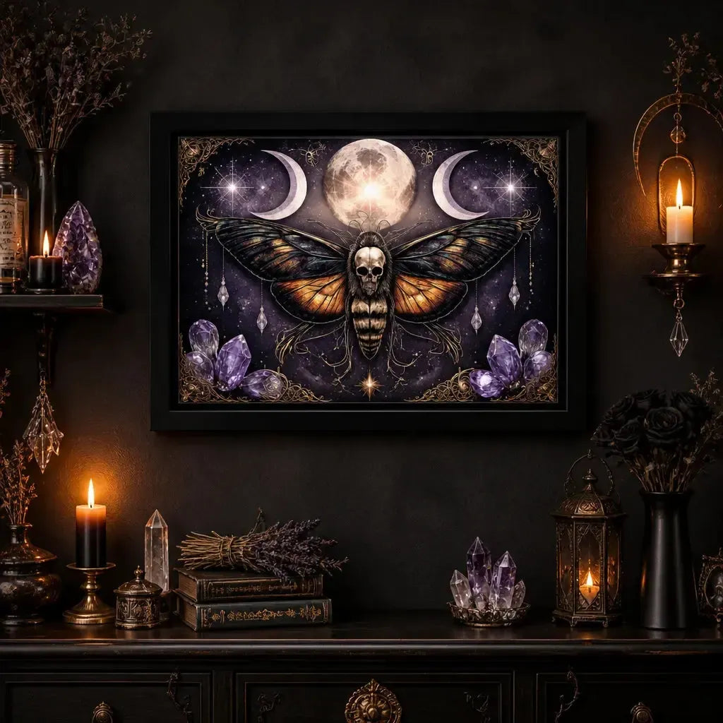 Gothic Death Moth Wall Art with Triple Moon - Black Framed Canvas Print for Witchy Halloween Decor_mockup_2.webp