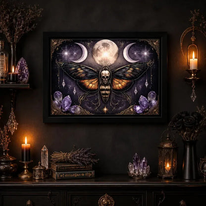 Gothic Death Moth Wall Art with Triple Moon - Black Framed Canvas Print for Witchy Halloween Decor_mockup_2.webp