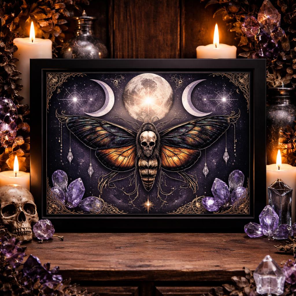 Gothic Death Moth Wall Art with Triple Moon - Black Framed Canvas Print for Witchy Halloween Decor-MoonChildWorld