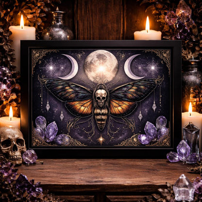 Gothic Death Moth Wall Art with Triple Moon - Black Framed Canvas Print for Witchy Halloween Decor-MoonChildWorld
