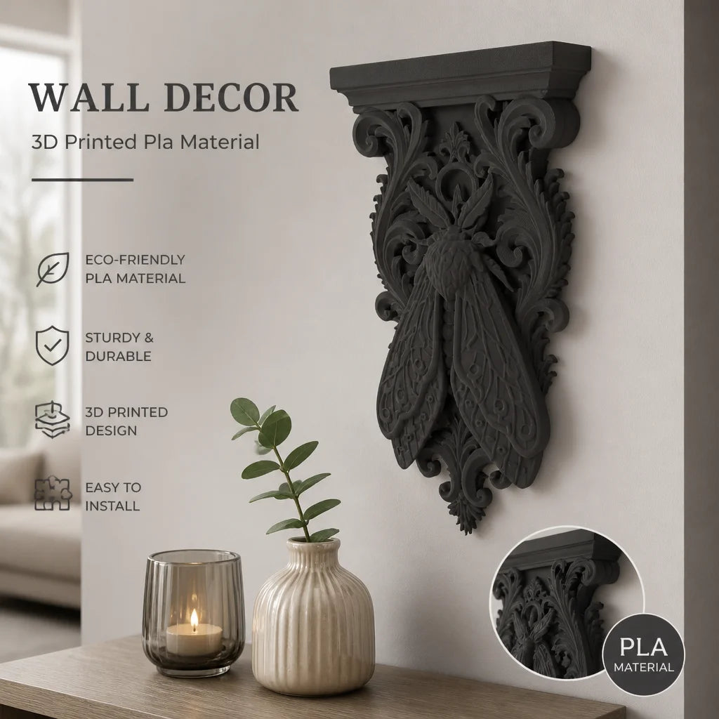 Death moth corbel shelf holding crystals on a witchy wall
