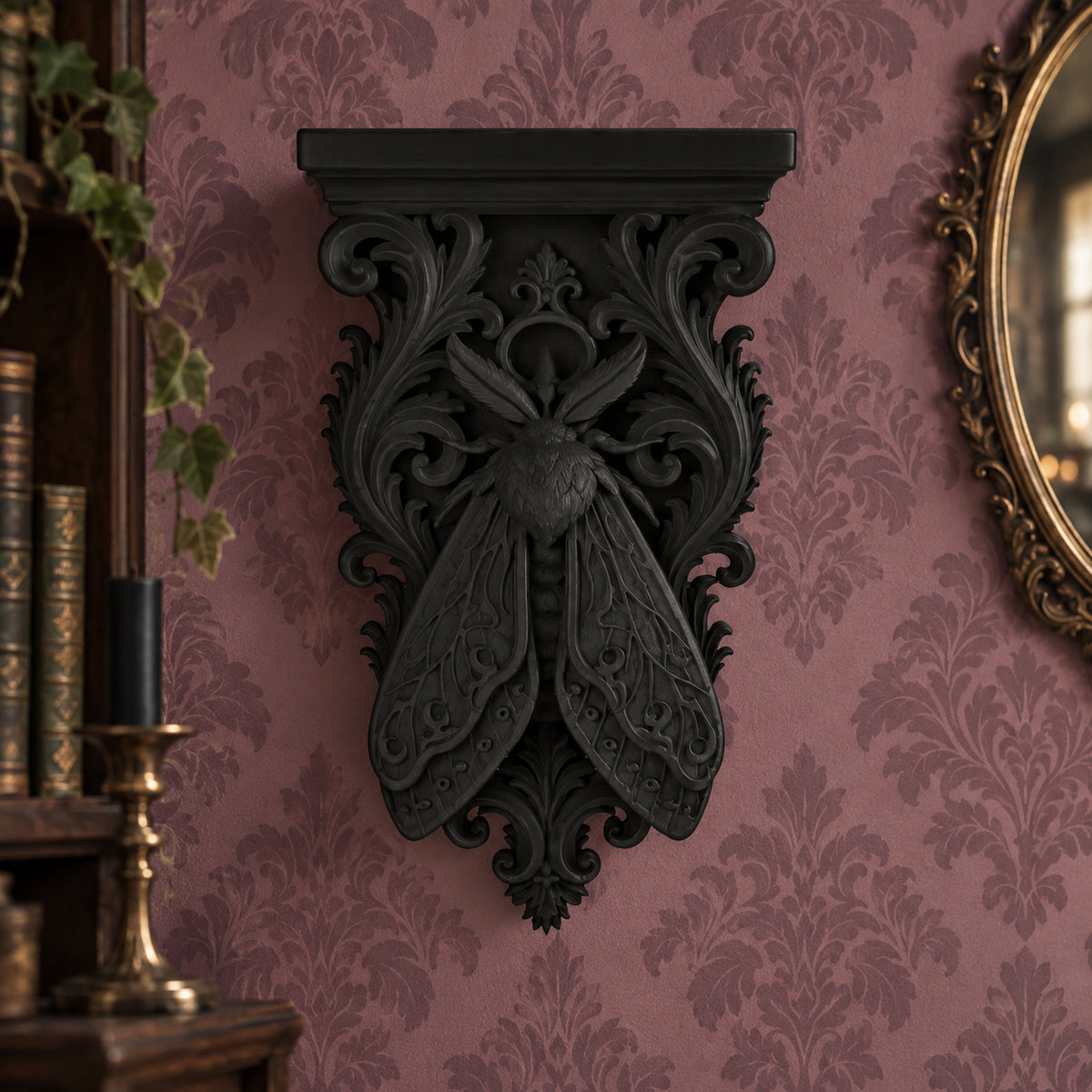 Gothic Death Moth Wall Bracket Shelf Baroque Corbel, carved black details on a gothic witchy room wall, view 3