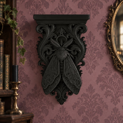 Gothic Death Moth Wall Bracket Shelf Baroque Corbel, carved black details on a gothic witchy room wall, view 3