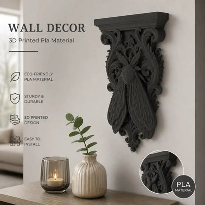 Death moth corbel shelf holding crystals on a witchy wall