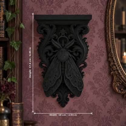 Gothic Death Moth Wall Bracket Shelf Baroque Corbel, carved black details on a gothic witchy room wall, view 5