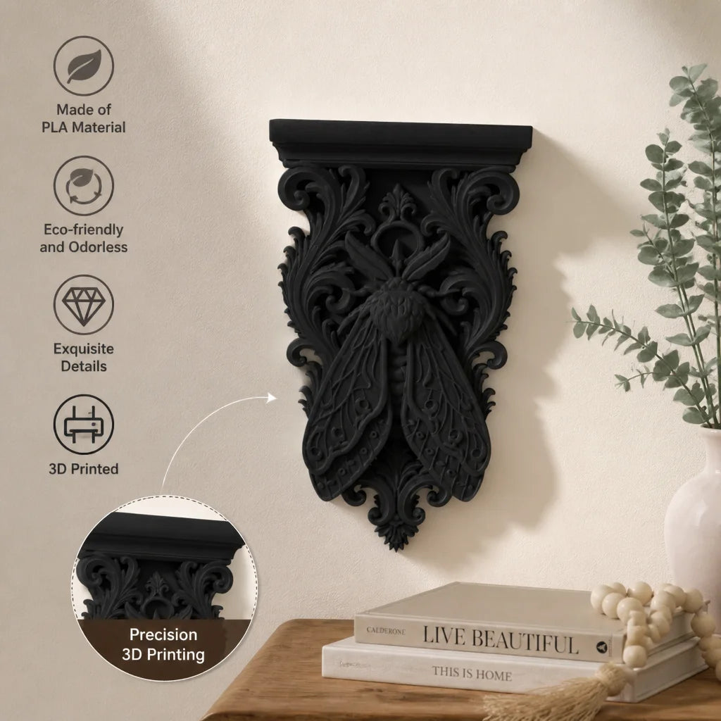 Gothic death moth wall bracket shelf with baroque corbel carving