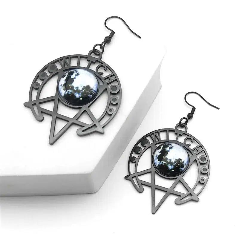 Gothic Earrings Witch Moon Dark Magic Inverted Pentacle Earrings-MoonChildWorld