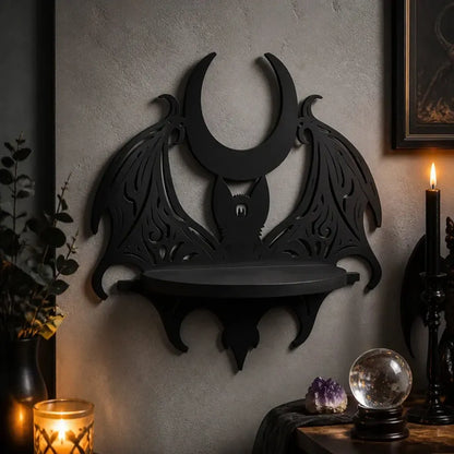 Close view of crescent moon and winged bat shelf