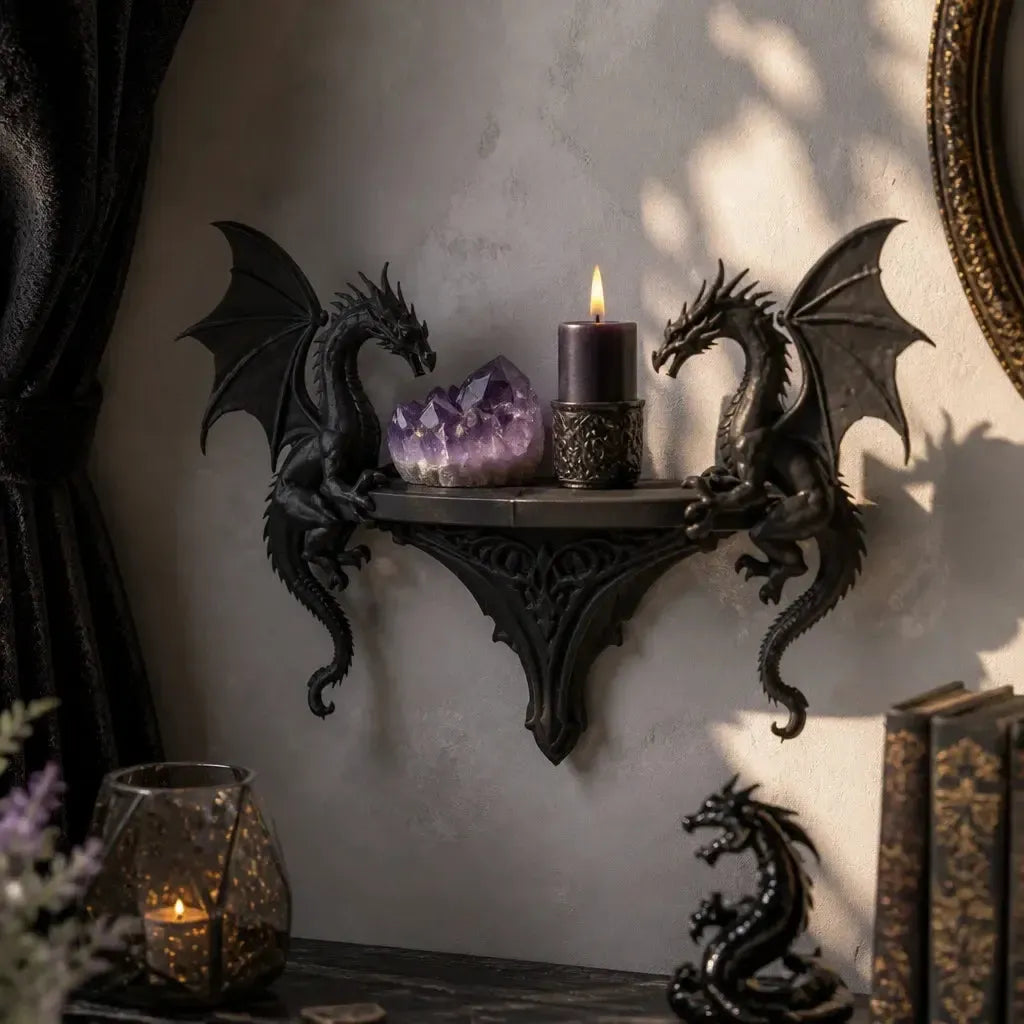 Double dragon shelf in a gothic crystal display