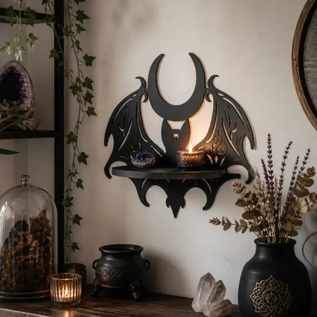 Crescent moon and bat shelf in a botanical room
