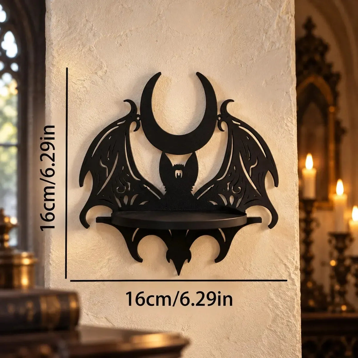 Moon bat shelf dimension diagram, 16 by 16 cm