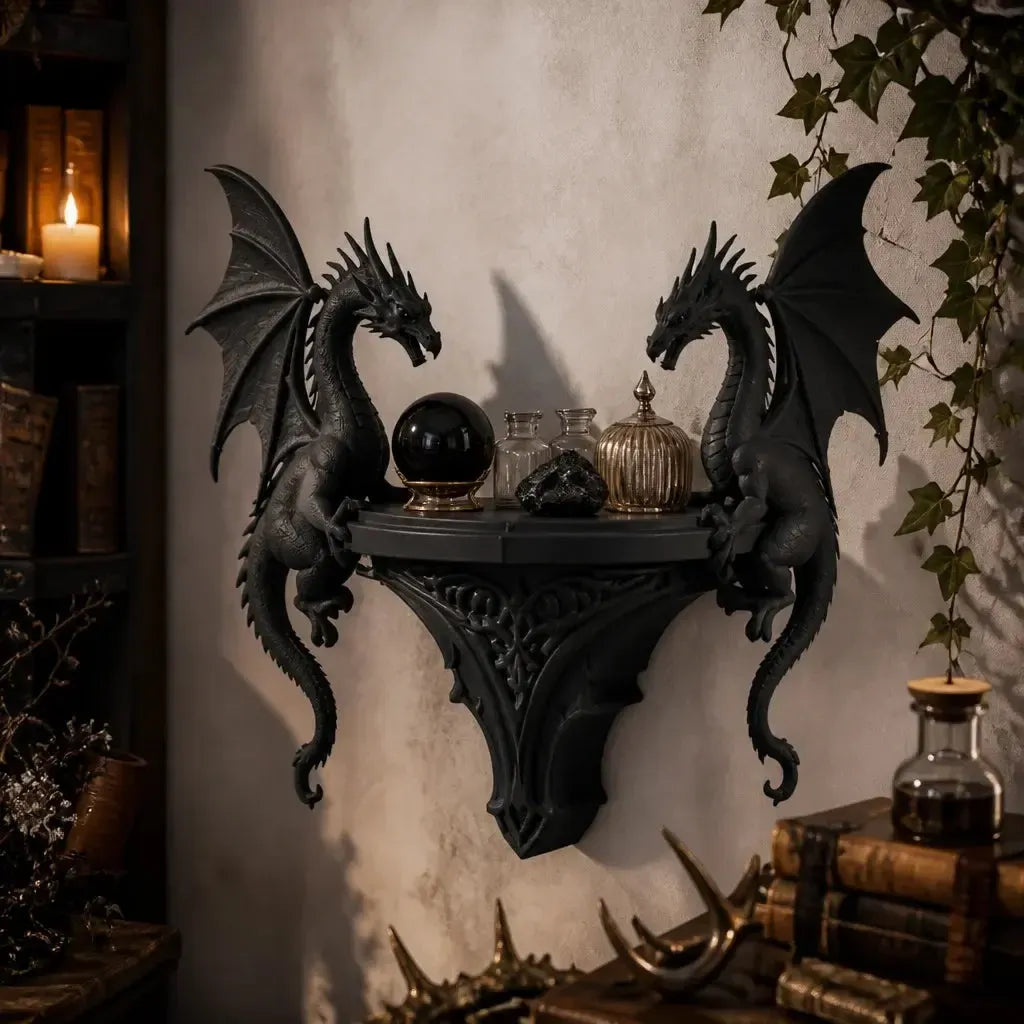 Double dragon shelf displaying ornaments on a wall