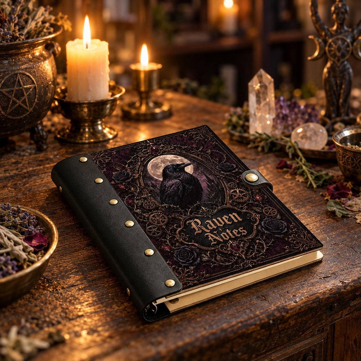 Gothic Full Moon Raven Castle Journal - Dark Witch Grimoire — view 3 on a realistic Pagan ritual altar