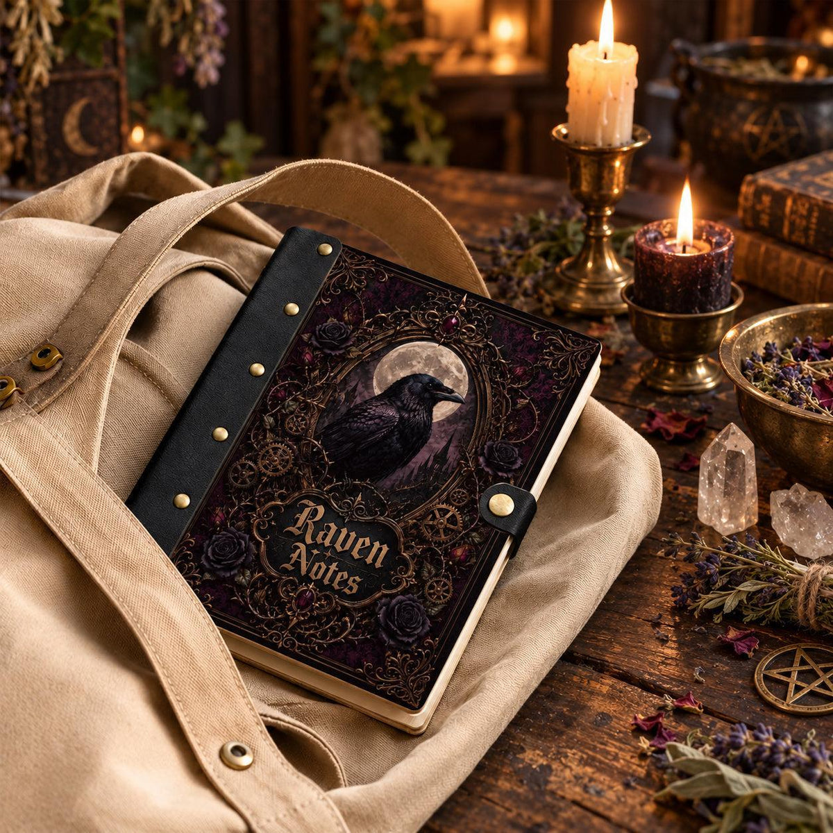 Gothic Full Moon Raven Castle Journal - Dark Witch Grimoire — view 5 on a realistic Pagan ritual altar