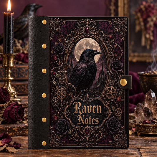 Gothic Full Moon Raven Castle Journal - Dark Witch Grimoire on a candlelit pagan ritual altar