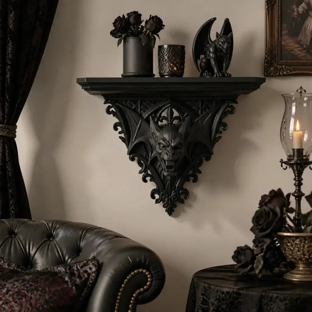 Gothic corbel shelf above an upholstered sofa