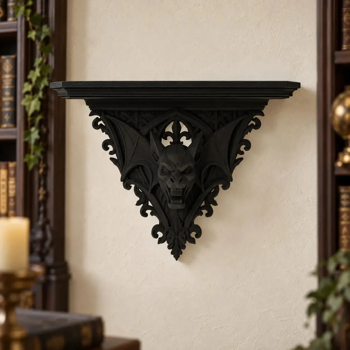 Front view of winged gargoyle shelf