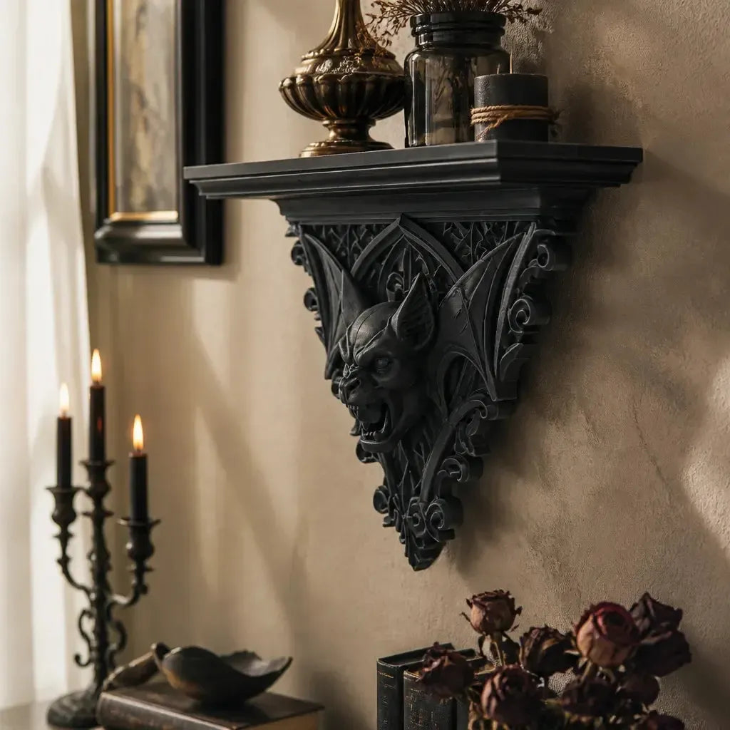 Gargoyle corbel shelf holding decorative objects
