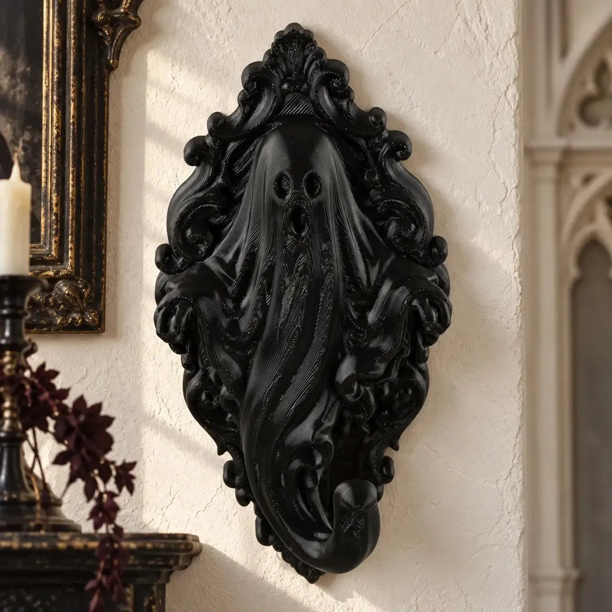 Ghost wall hook front view with baroque scrollwork