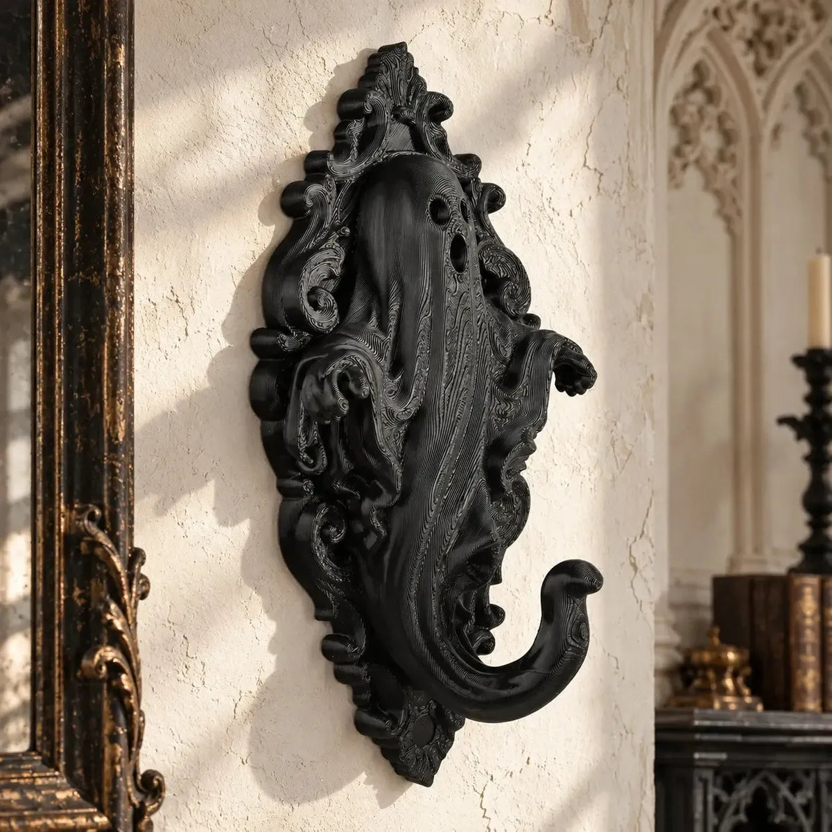 Ghost wall hook angled view showing draped figure and ornate backplate