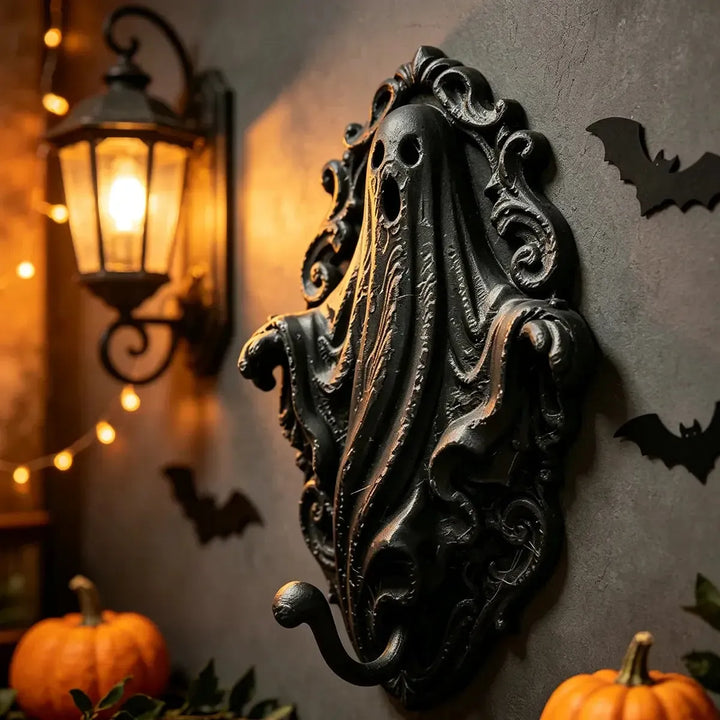 Gothic ghost wall hook styled with Halloween pumpkins and bat ornaments