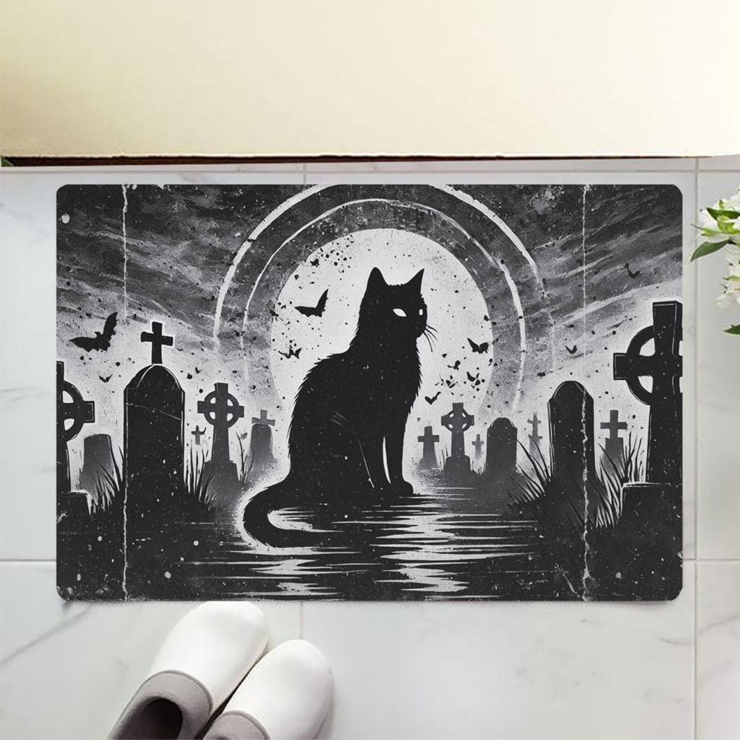 Gothic Graves Black Cat Doormat for Halloween-MoonChildWorld