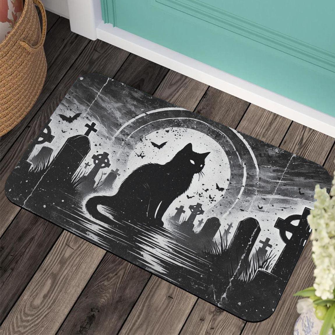Gothic Graves Black Cat Doormat for Halloween-MoonChildWorld