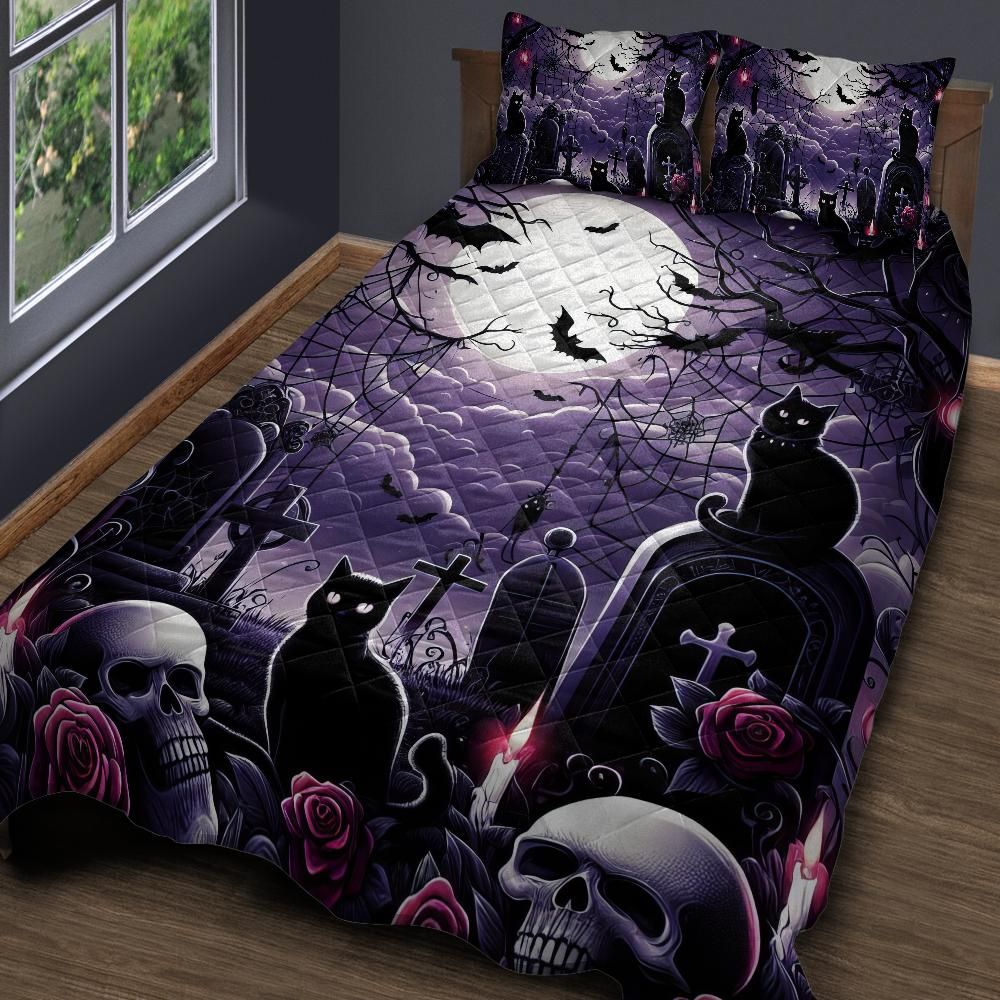 Gothic Graves and Black Cat Halloween Quilt Bedding Set-MoonChildWorld