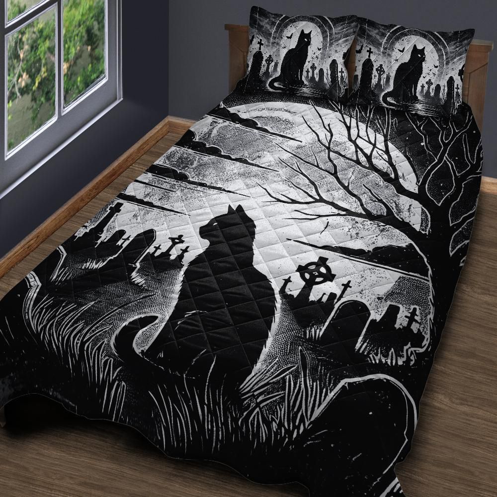 Gothic Graves and Black Cat Quilt Bedding Set for Halloween-MoonChildWorld