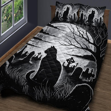 Gothic Graves and Black Cat Quilt Bedding Set for Halloween-MoonChildWorld
