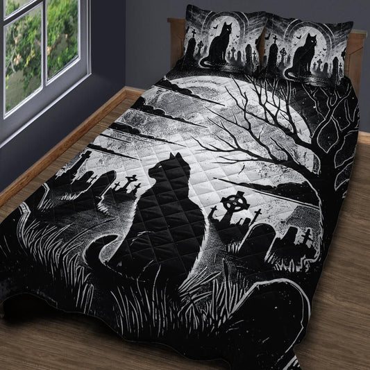Gothic Graves and Black Cat Quilt Bedding Set for Halloween-MoonChildWorld