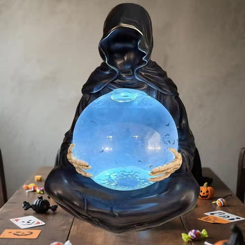 Gothic Grim Reaper Statue with Flying Bats Crystal Ball - LED Light Water Globe Halloween Decor-MoonChildWorld