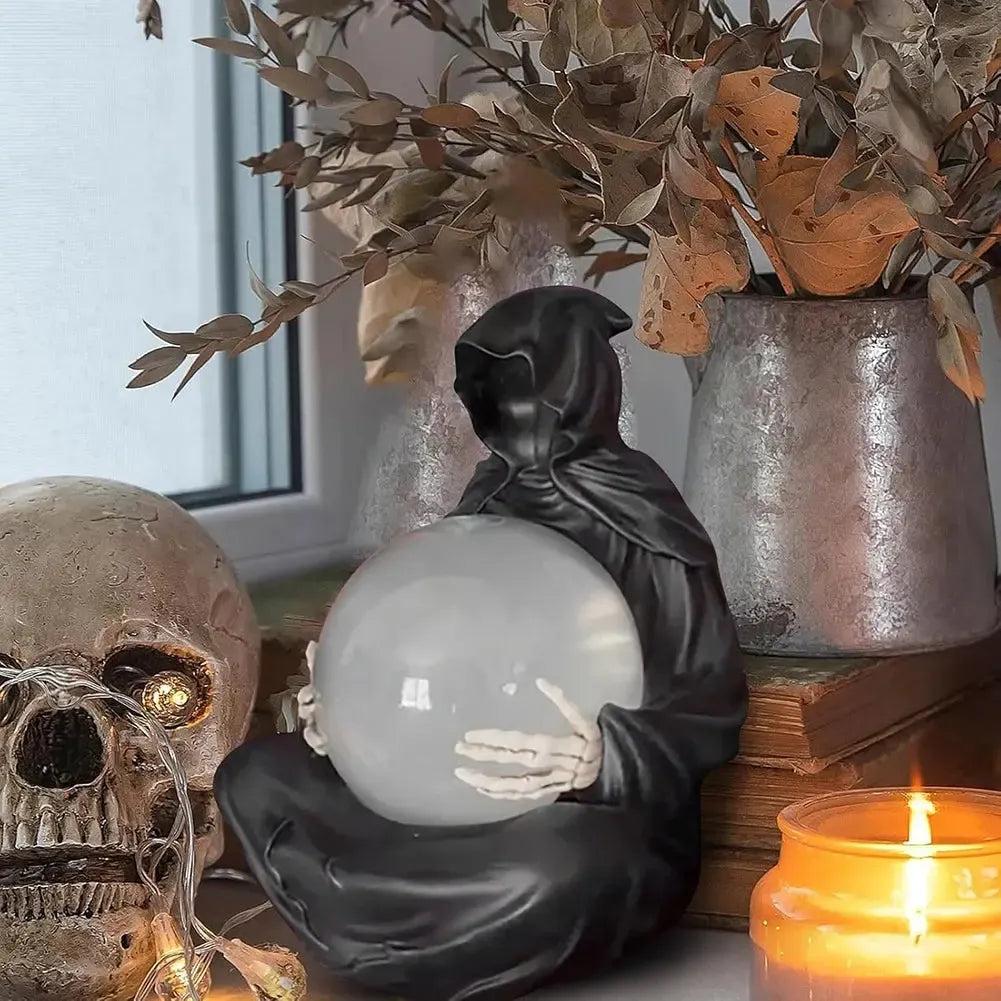 Gothic Grim Reaper Statue with Flying Bats Crystal Ball - LED Light Water Globe Halloween Decor-MoonChildWorld