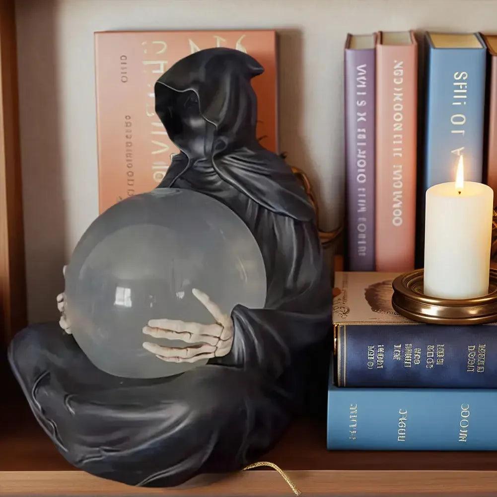 Gothic Grim Reaper Statue with Flying Bats Crystal Ball - LED Light Water Globe Halloween Decor-MoonChildWorld