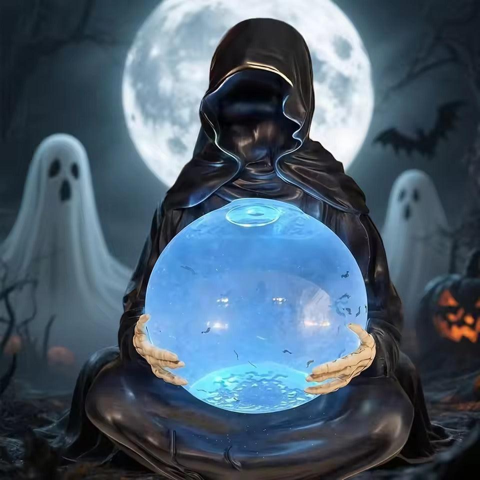 Gothic Grim Reaper Statue with Flying Bats Crystal Ball - LED Light Water Globe Halloween Decor-MoonChildWorld