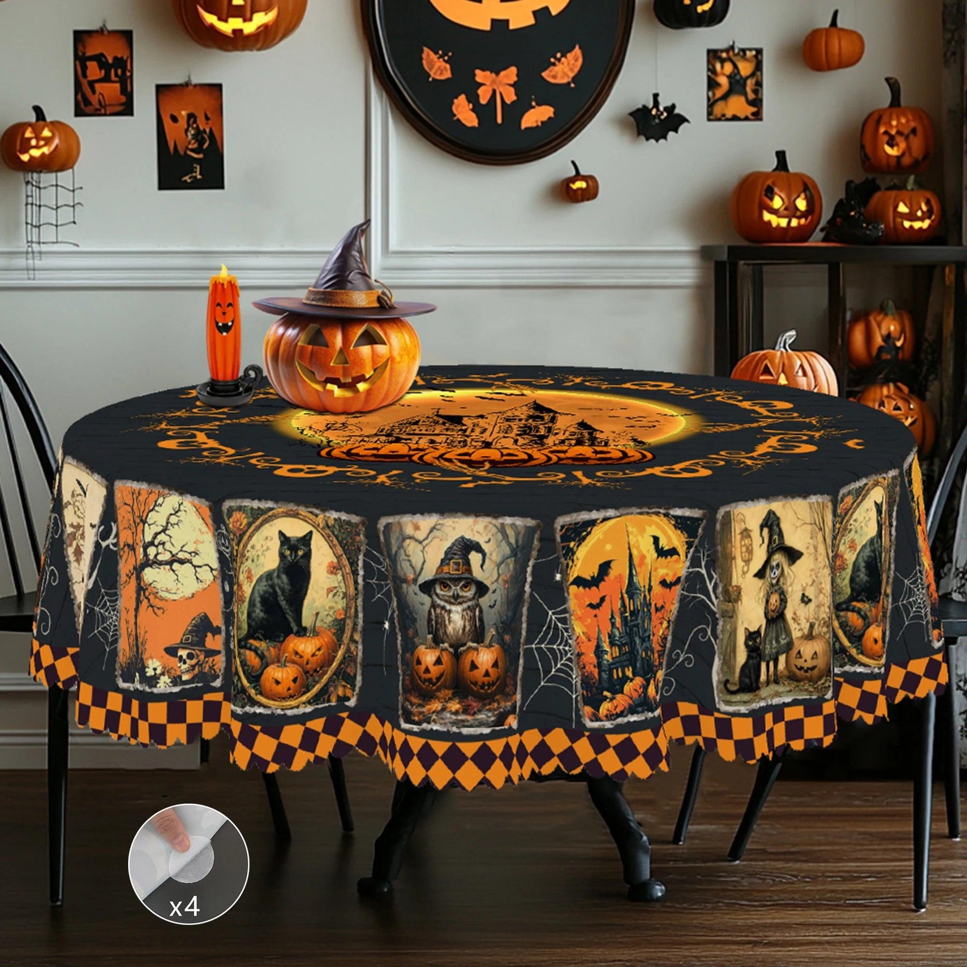 Gothic Halloween Tablecloth - Black Cat Pumpkin Ghost Castle Witchy Tablecloth-MoonChildWorld