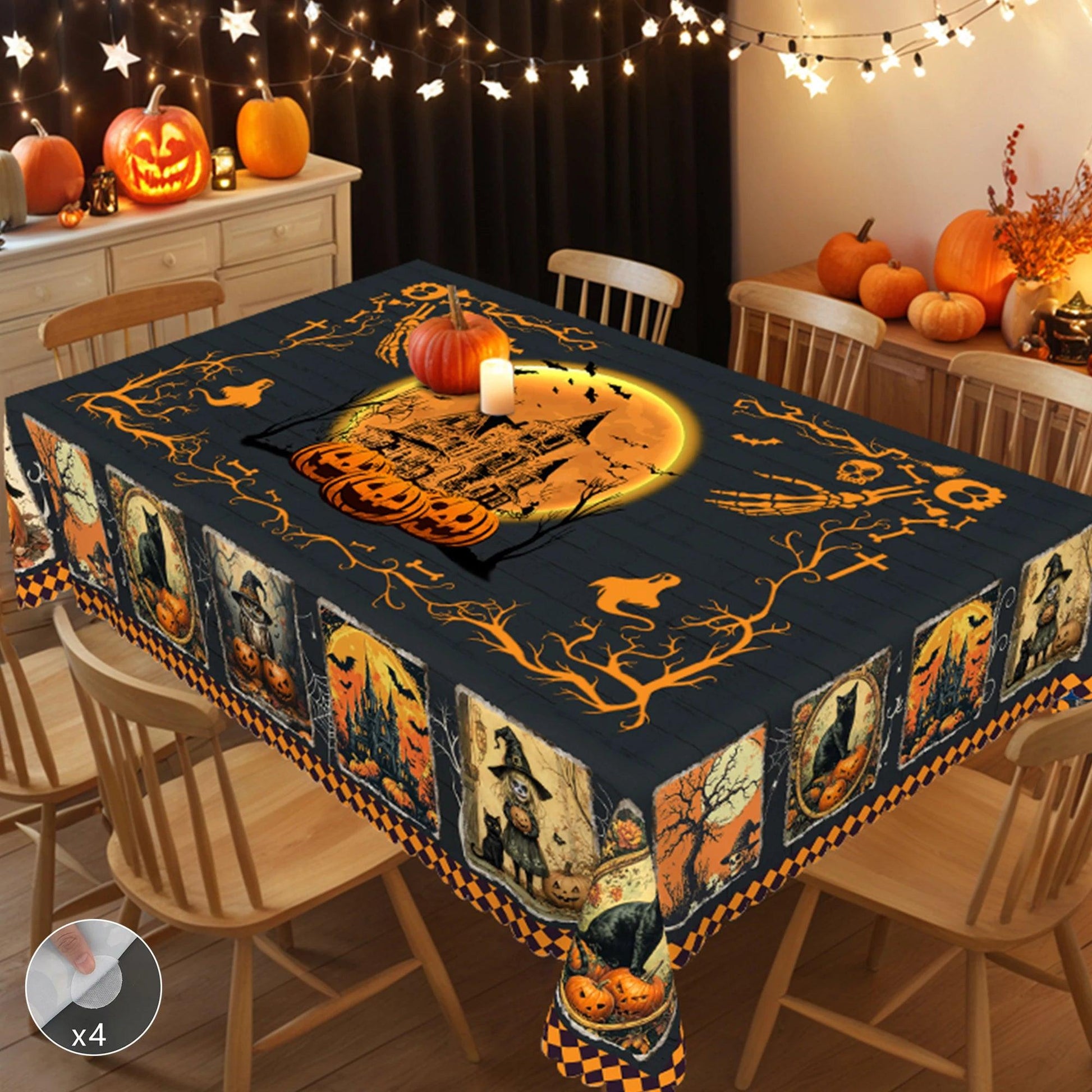 Gothic Halloween Tablecloth - Black Cat Pumpkin Ghost Castle Witchy Tablecloth-MoonChildWorld