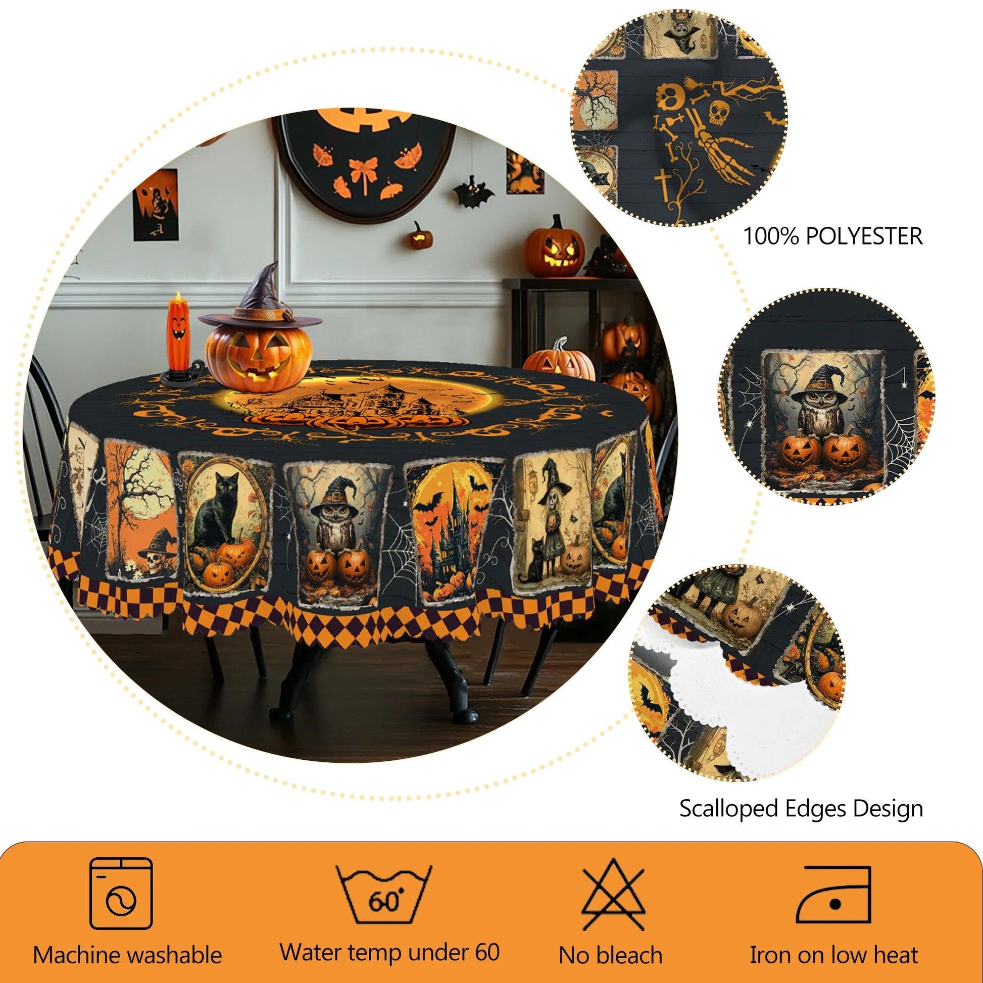 Gothic Halloween Tablecloth - Black Cat Pumpkin Ghost Castle Witchy Tablecloth-MoonChildWorld