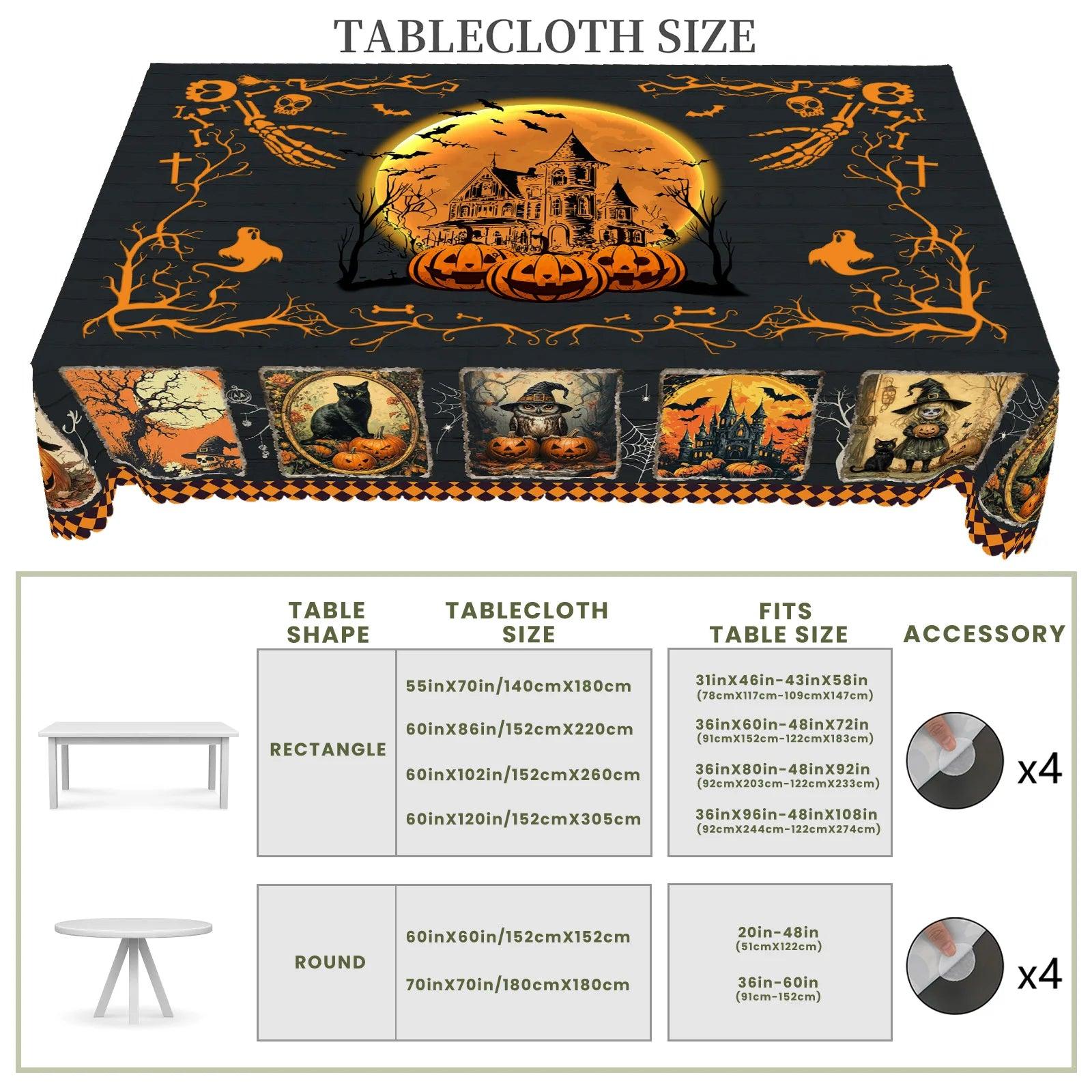 Gothic Halloween Tablecloth - Black Cat Pumpkin Ghost Castle Witchy Tablecloth-MoonChildWorld