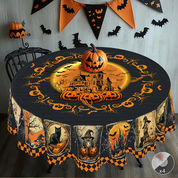 Gothic Halloween Tablecloth - Black Cat Pumpkin Ghost Castle Witchy Tablecloth-MoonChildWorld