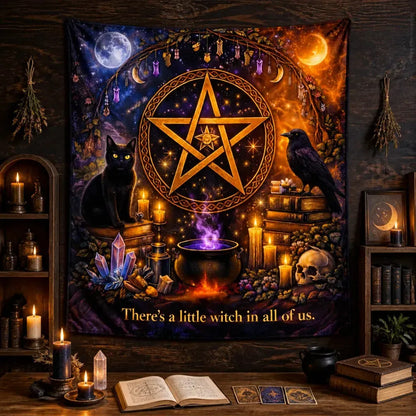 Gothic Halloween Wall Hanging - Witchy Tapestry with Witchcraft Pentacle, Black Cat, Raven & Skulls_mockup_2.webp