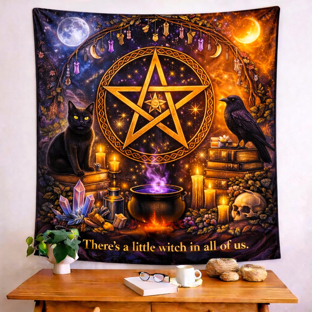 Gothic Halloween tapestry with a golden pentacle, black cat, raven, skulls, candles, and moon phases.