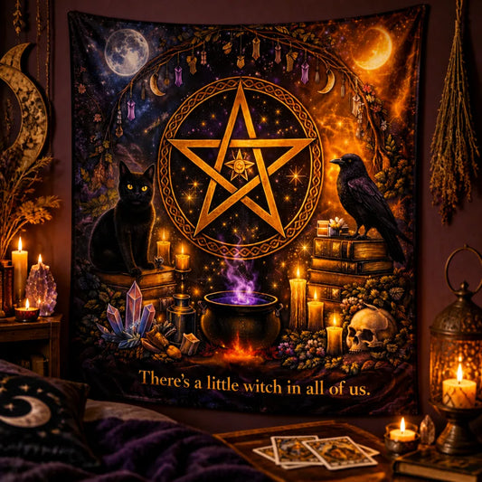 Gothic Halloween Wall Hanging - Witchy Tapestry with Witchcraft Pentacle, Black Cat, Raven & Skulls_mockup_3.webp