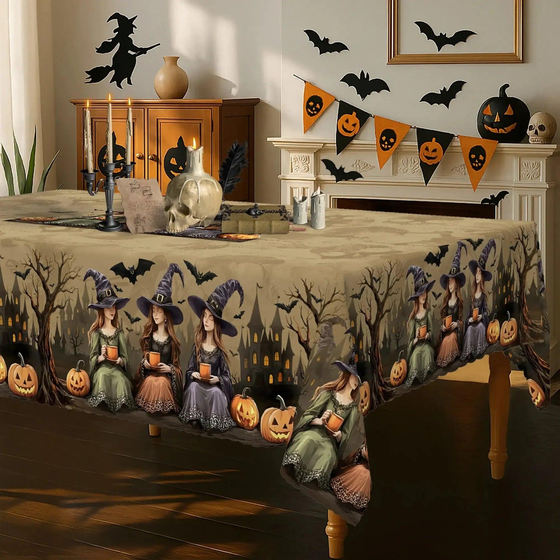Gothic Halloween Witch Castle Pumpkin Tablecloth Spooky Decorations-MoonChildWorld